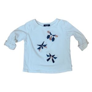 Okaidi White Long Sleeve Shirt Butterfly Patchwork Girls Size 3